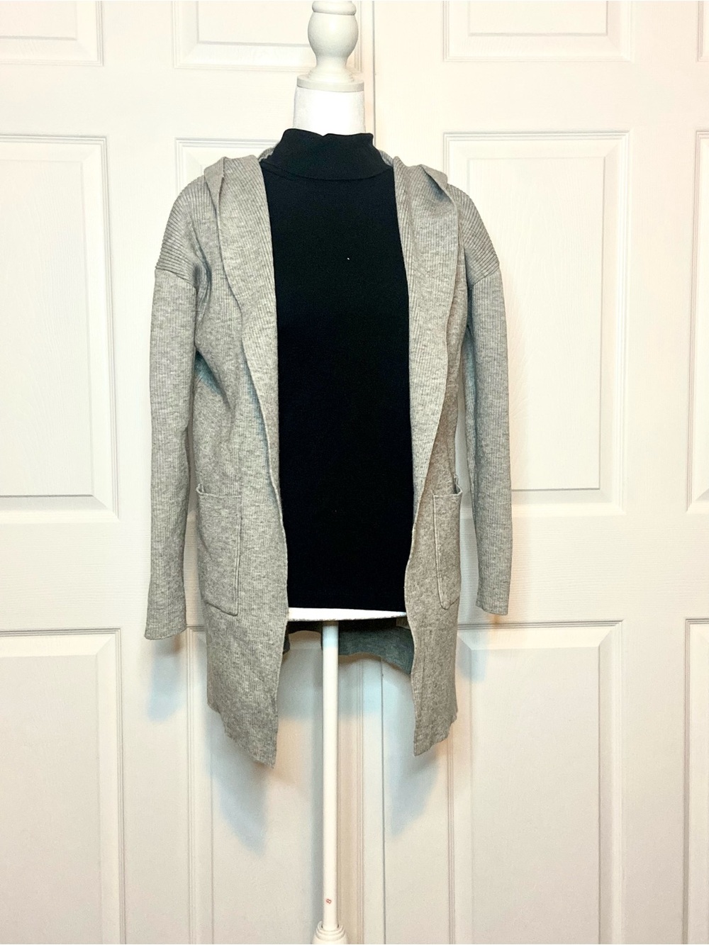 Hooded Open-Front Ribbed Cardigan